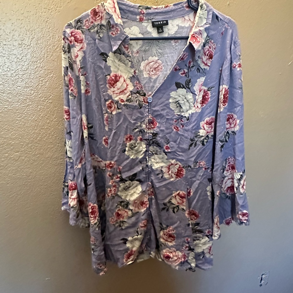 Multicolored Floral Wrap Blouse with Bell Sleeves
